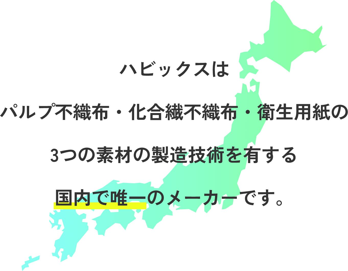 ハビックスはパルプ不織布・化合繊不織布・衛生用紙の3つの素材の製造技術を有する国内で唯一のメーカーです。